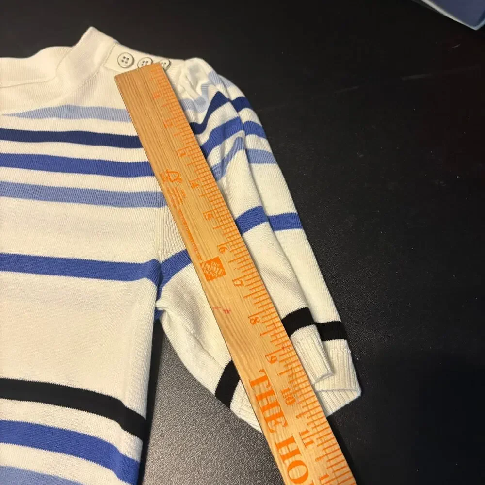 Talbots Womens Small  Pullover Sweater Short Puff Sleeve Blue White Stripe Retro